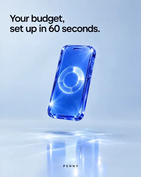 Concept ad in cobalt glass: a smartphone with a ring chart for a budgeting app, headline "Your budget, set up in 60 seconds."