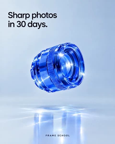 Concept ad in cobalt glass: a camera lens for an online photography course, headline "Sharp photos in 30 days."