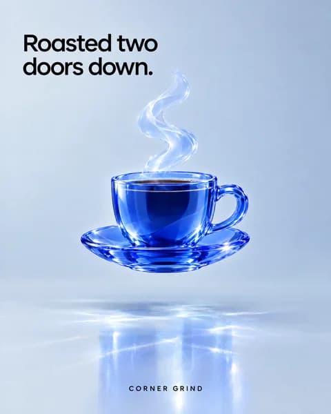Concept ad in cobalt glass: a coffee cup and saucer for a neighborhood coffee shop, headline "Roasted two doors down."