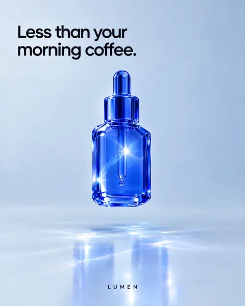 Concept ad in cobalt glass: a dropper serum bottle for a skincare brand, headline "Less than your morning coffee."