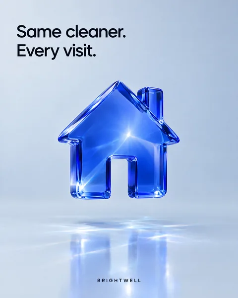 Concept ad in cobalt glass: a house for a home cleaning service, headline "Same cleaner. Every visit."