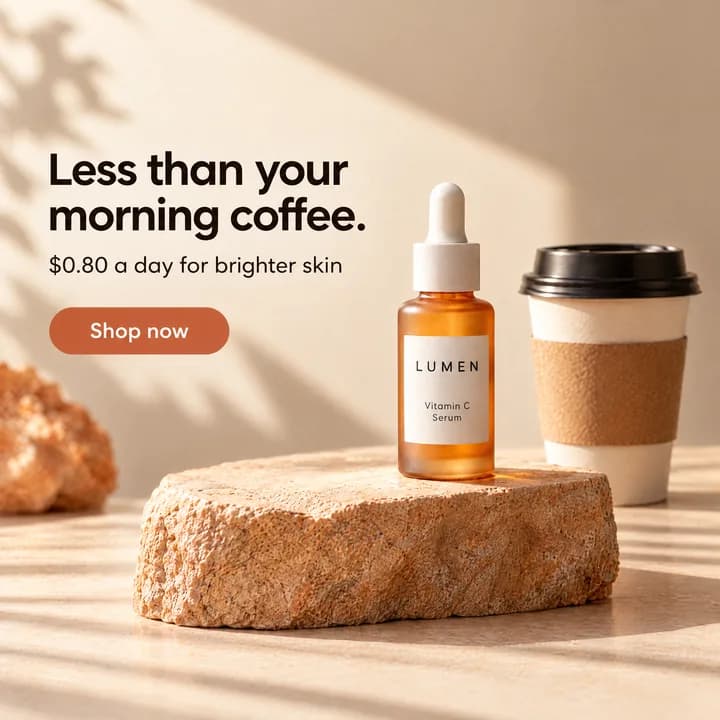 Concept ad for a vitamin C serum: an amber dropper bottle beside a takeaway coffee cup on a sandstone plinth, headline "Less than your morning coffee." and a Shop now button, at 1:1