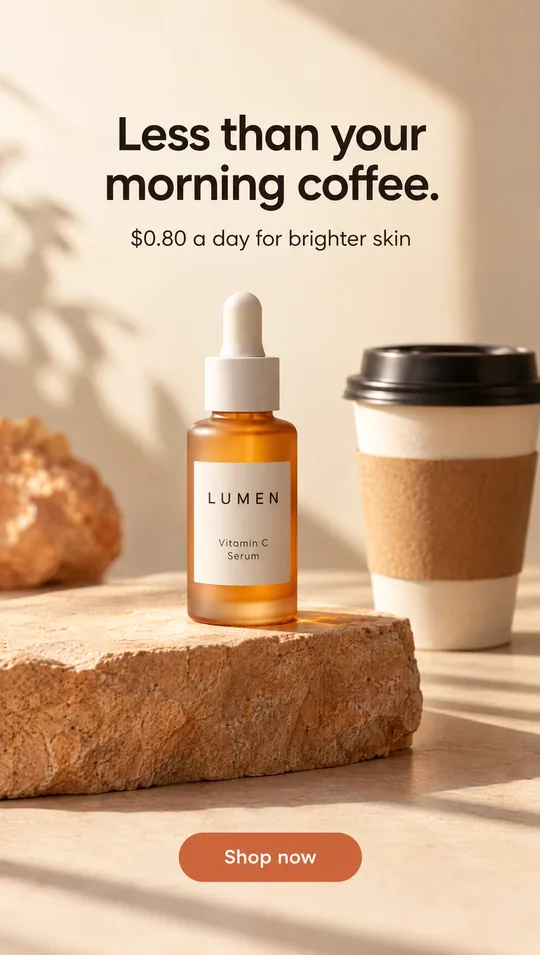 Concept ad for a vitamin C serum: an amber dropper bottle beside a takeaway coffee cup on a sandstone plinth, headline "Less than your morning coffee." and a Shop now button, at 9:16